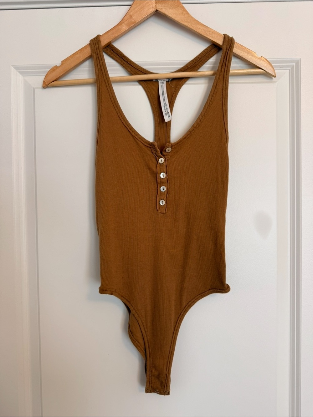 Free People Ribbed Henley Tank Bodysuit in Rust Brown